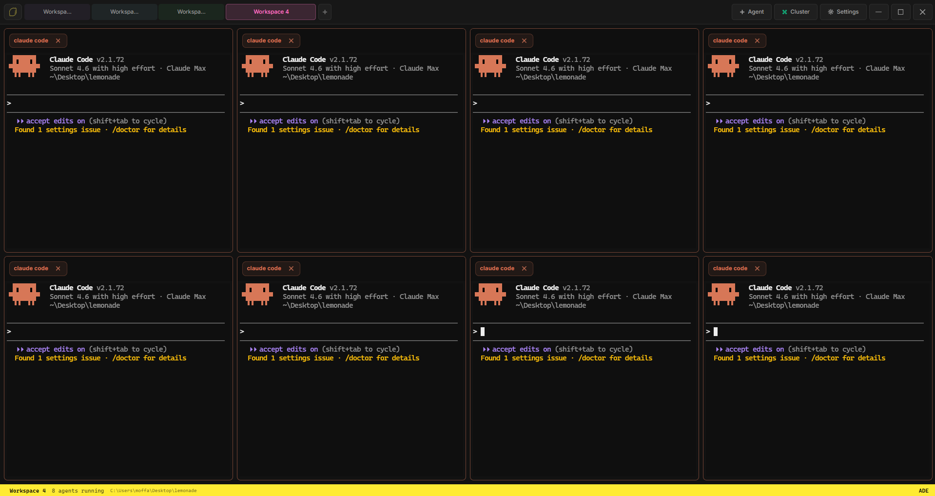 Eight AI agents running simultaneously in a Lemonade Workspace grid
