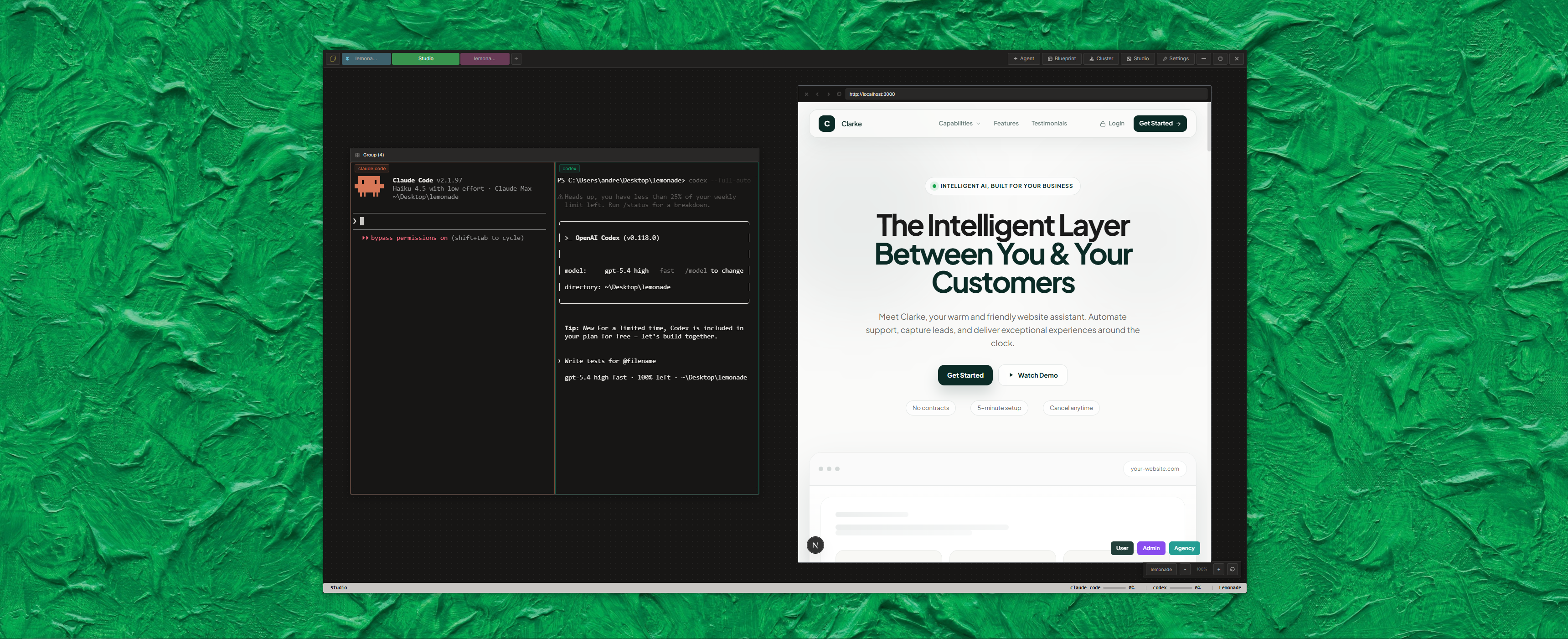 Lemonade Studio canvas with terminals, notes, and media nodes arranged spatially